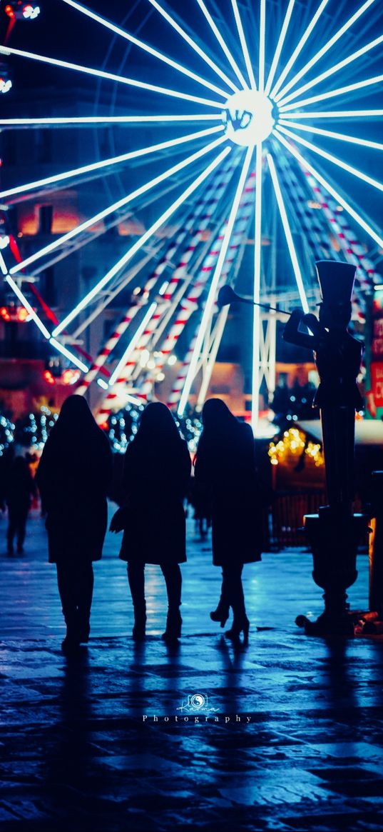 ferris wheel, girls, lights, night, rides