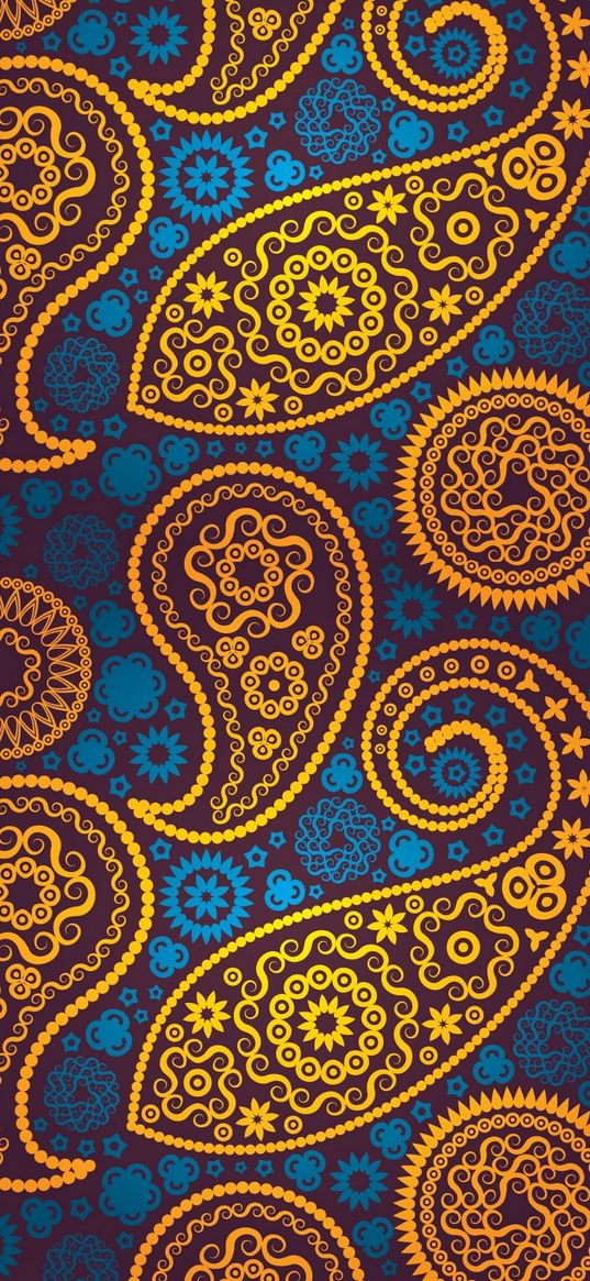 paisley, pattern, ornament, orange, blue, background