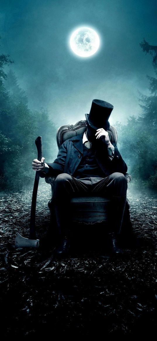 abraham lincoln, vampire hunter, movie, man, top hat, axe, moon, night, forest