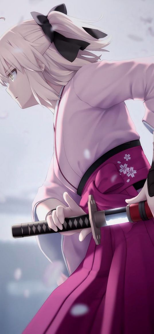 girl, kimono, katana, samurai, sakura, anime, art