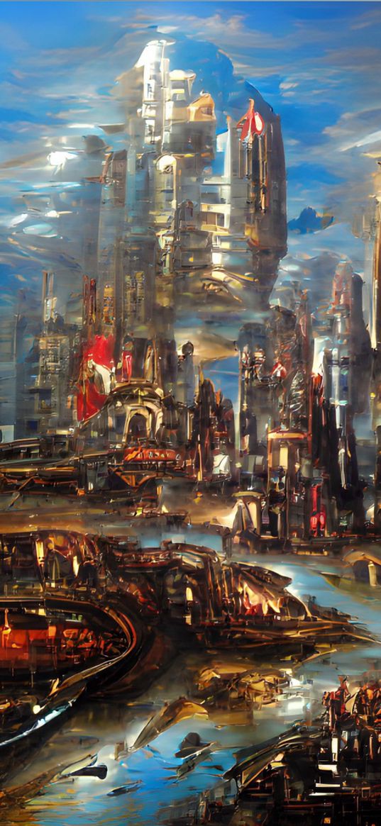 futurism, city, skyscrapers, buildings, painting, drawing, art