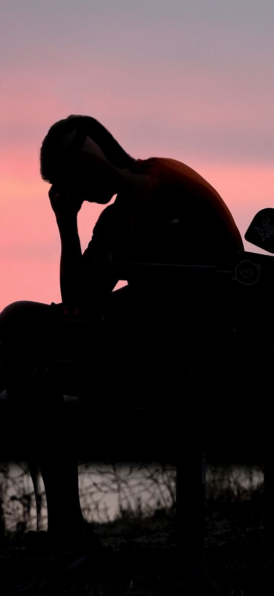 silhouette, man, sunset, pink sky