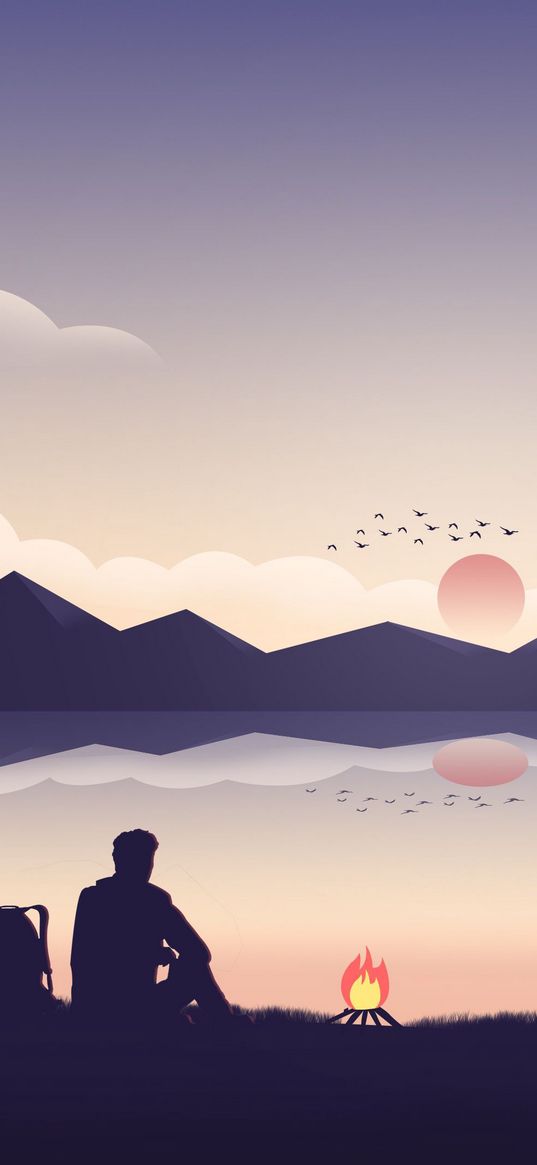 tourist, man, silhouette, mountains, lake, bonfire, sunset, birds, art