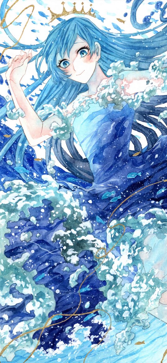 girl, crown, princess, watercolor, waves, anime