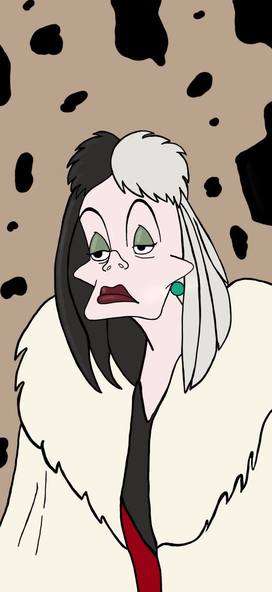 cruella, one hundred and one dalmatians, cartoon, villain, portrait, art