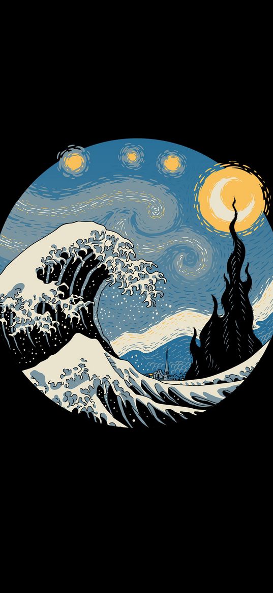 art, the starry night, the big wave in kanagawa, van gogh, katsushika hokusai