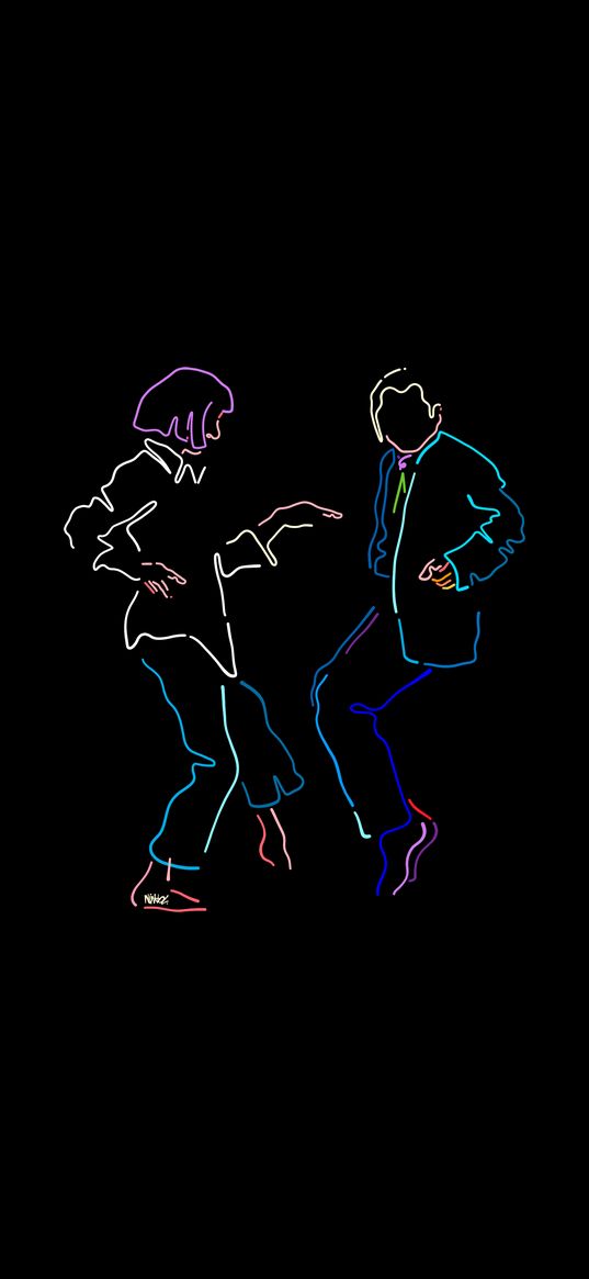 movie, pulp fiction, dance, multicolored, black background