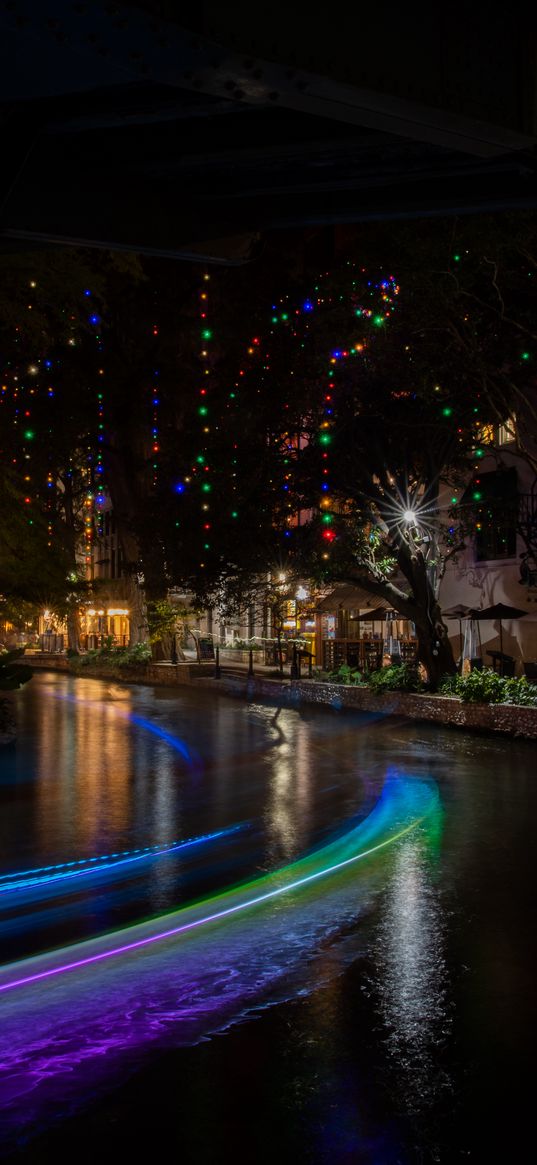 buildings, architecture, lights, glow, garlands, river