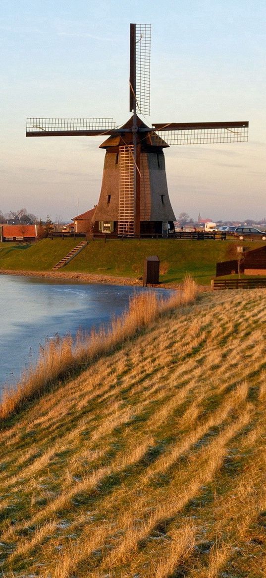 holland, mill, lake, sand, grass, sky