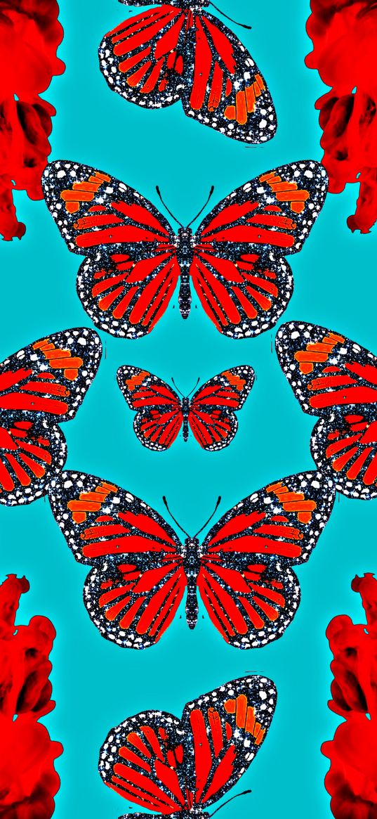 butterflies, glitter, red, turquoise background, art