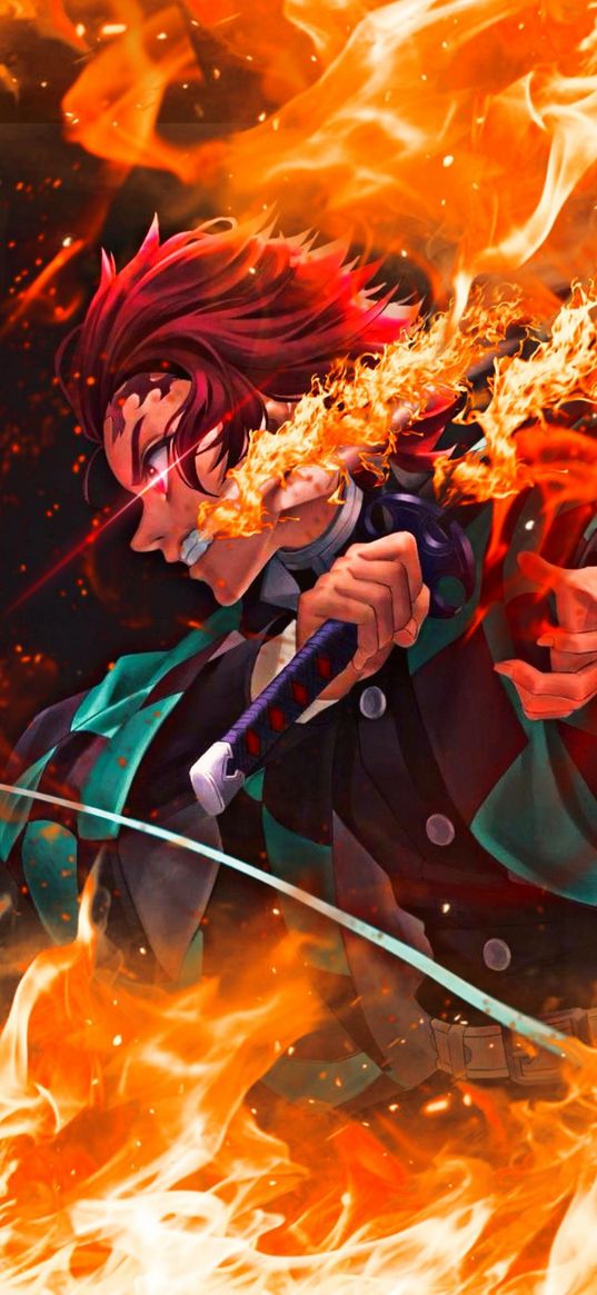 demon slayer, tanjiro, fire, anime, art