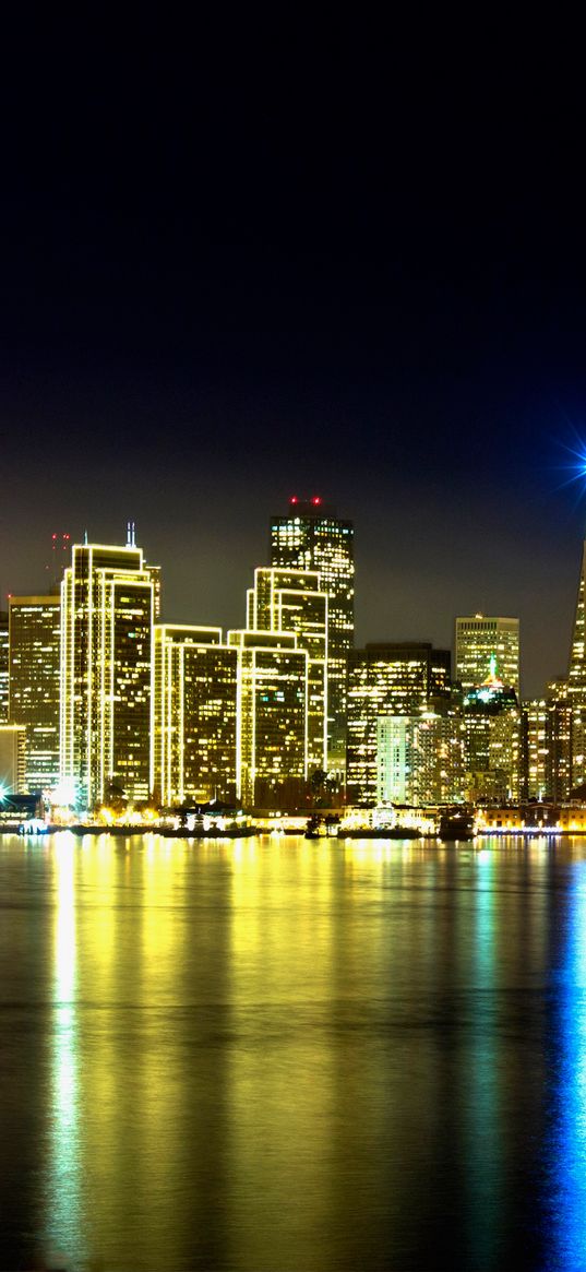 california, city, river, glare, rainbow, buildings, beach