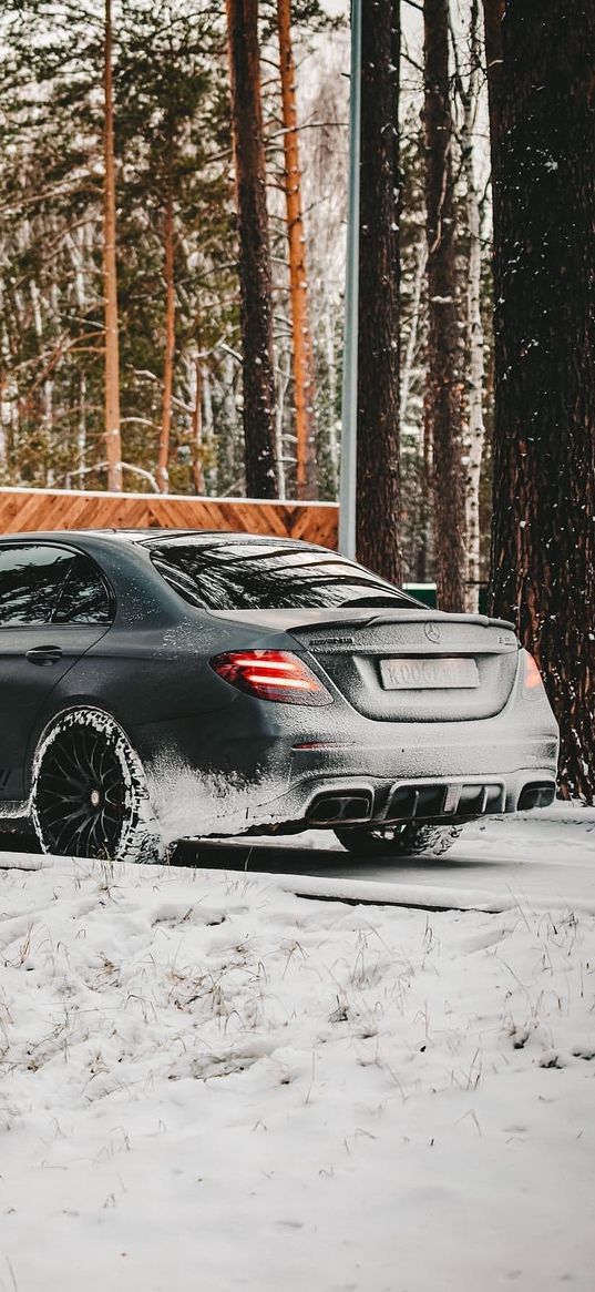 mercedes amg c63, mercedes-benz, mercedes, car, grey, forest, snow, winter, rear view