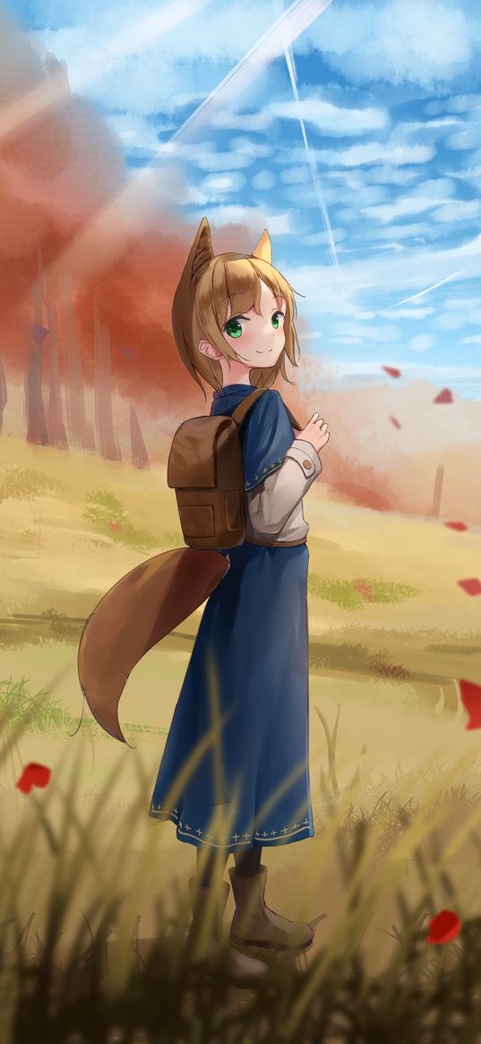 girl, neko, backpack, petals, anime
