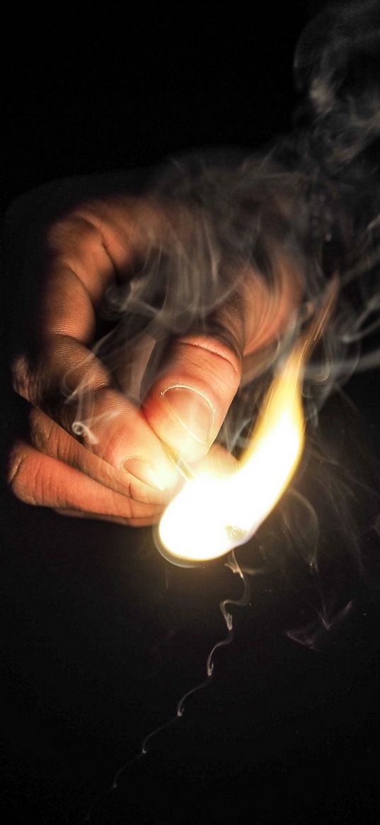 match, fire, hand, smoke, black background