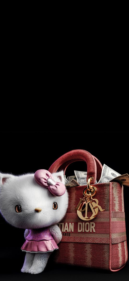 hello kitty, cat, bag, dior, black background, digital art