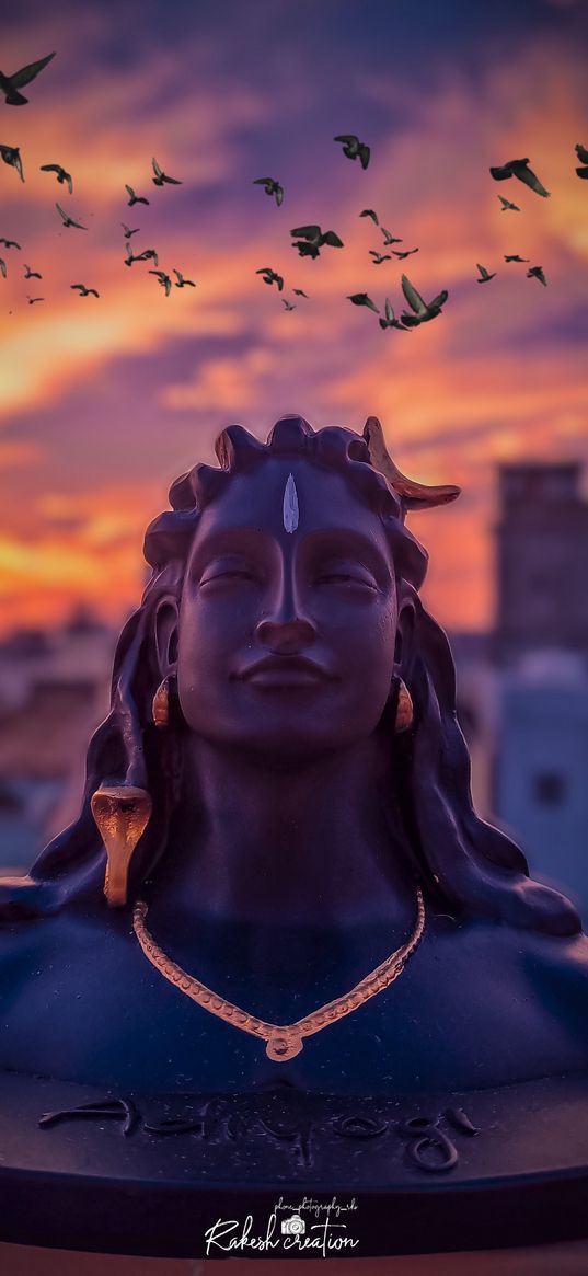 shiva, statue, birds, sunset