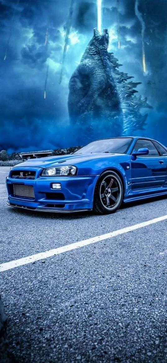 car, blue, monster, road