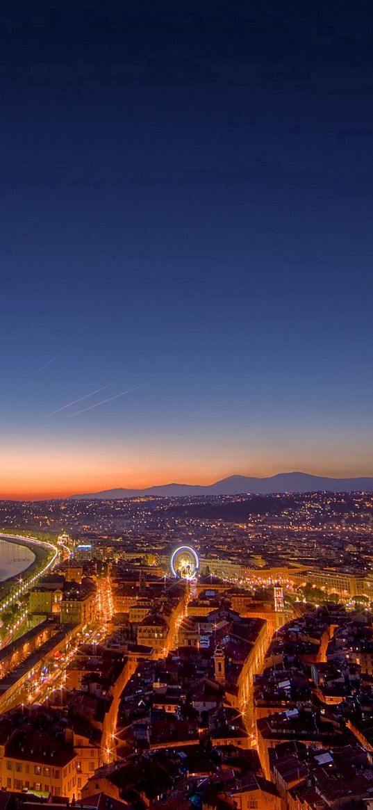 city, top view, promenade, evening, buildings