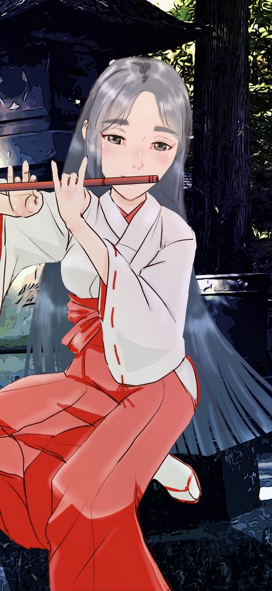 girl, kimono, flute, music, anime