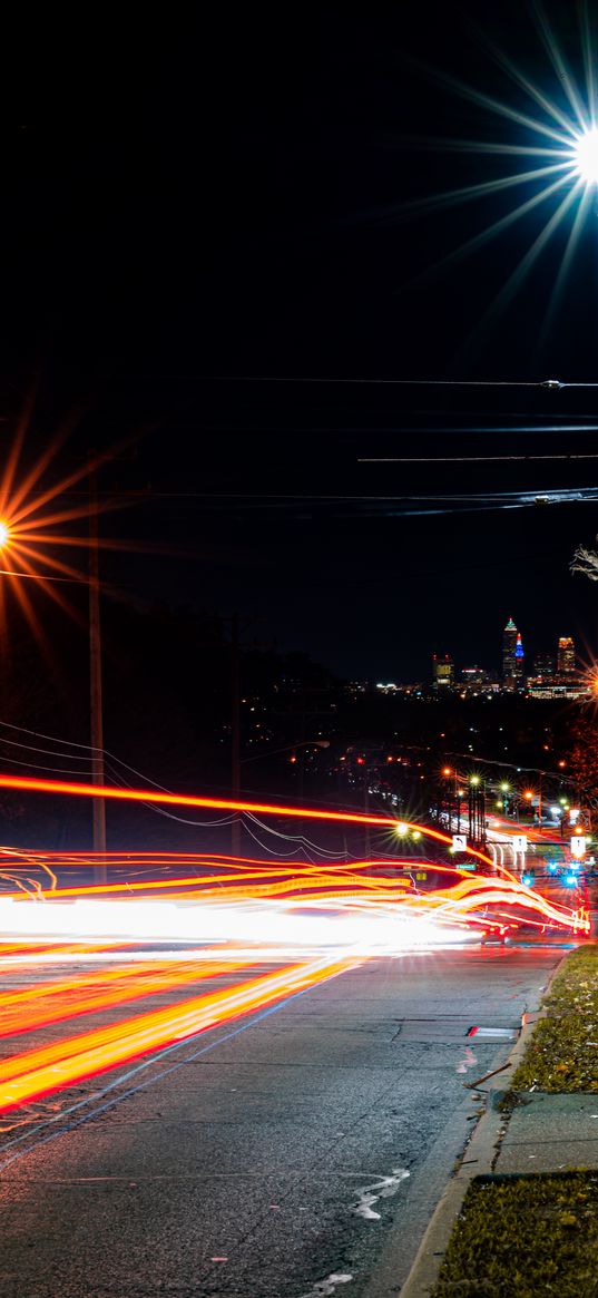 road, tail lights, lights, glow, buildings, night, long expourse