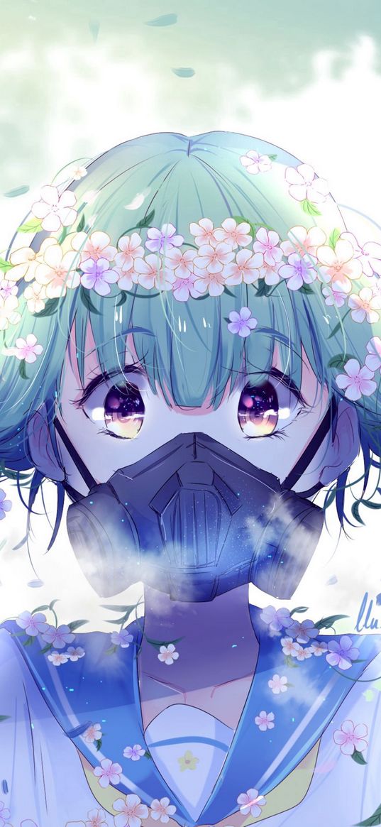 girl, respirator, mask, flowers, purple eyes, anime, art