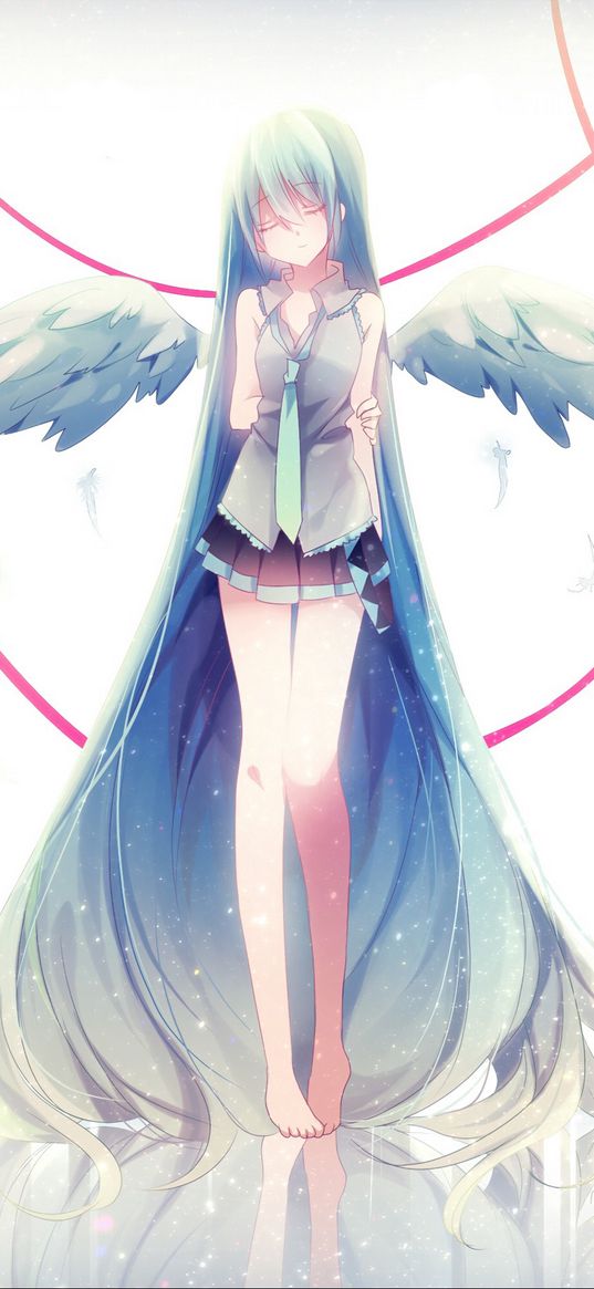 miku hatsune, vocaloid, girl, long hair, short skirt, wings, anime, art