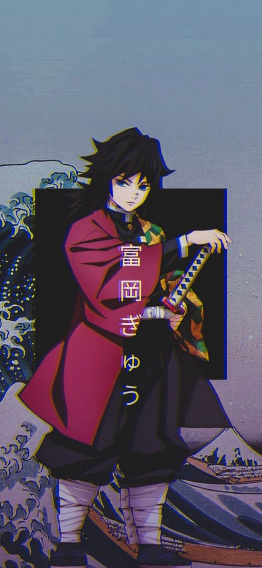 giyu tomioka, blade cleaving demons, anime, warrior, guy, katana, wave, hieroglyphs