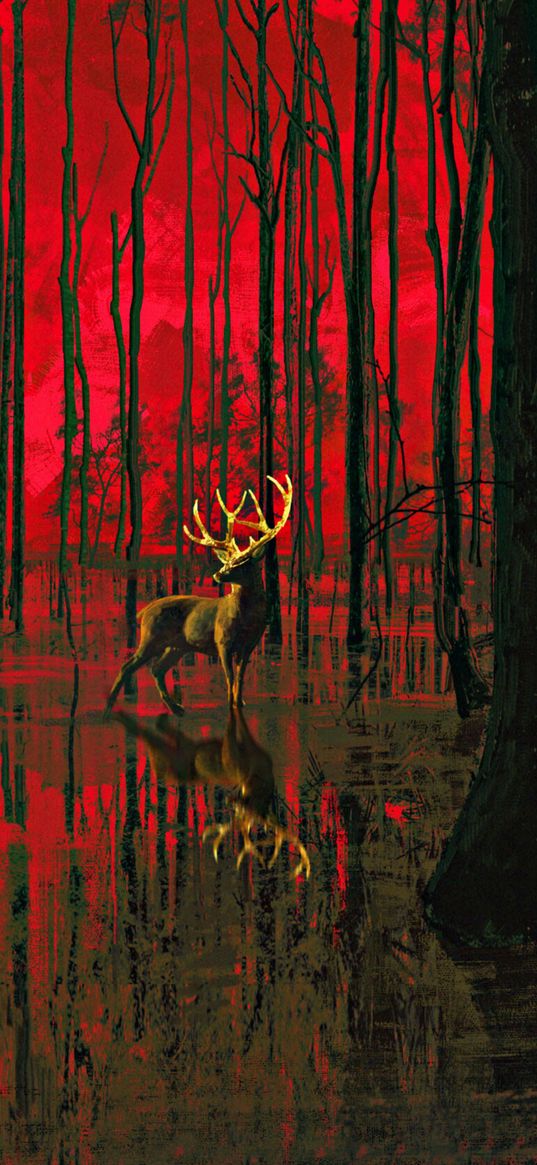 deer, antlers, forest, trees, swamp, light, red, digital art