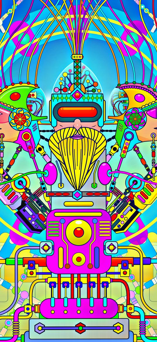 heads, mechanism, fiction, bright, colorful, poster, digital art