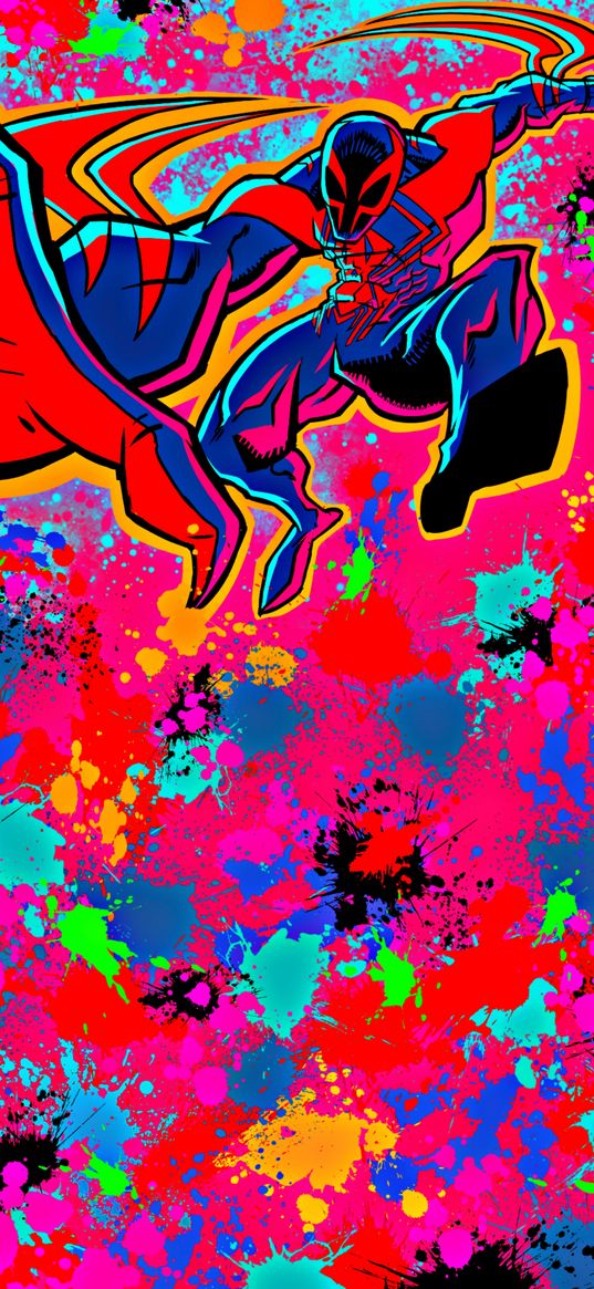 spiderman, spider-man, 2099, superhero, jump, multicolored, poster, art