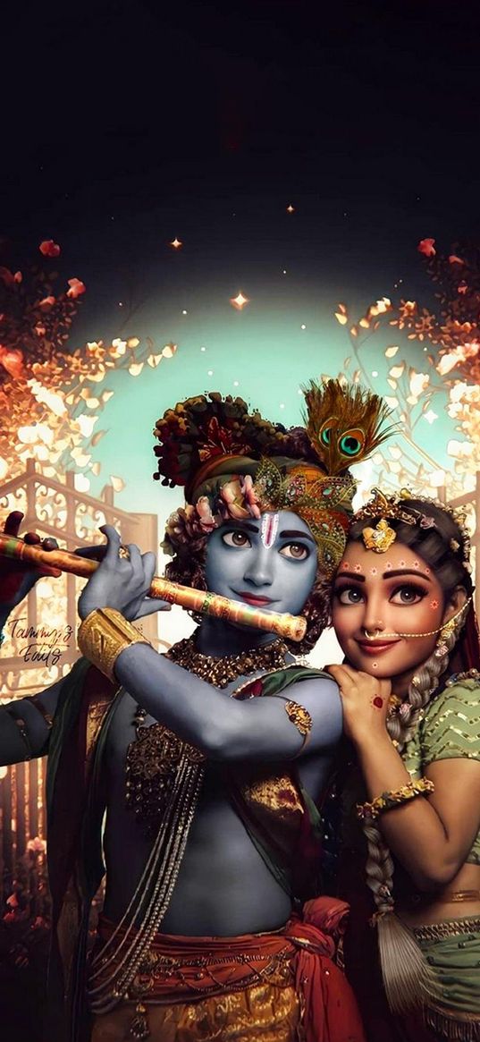 krishna, radha, gods, india, couple, flute