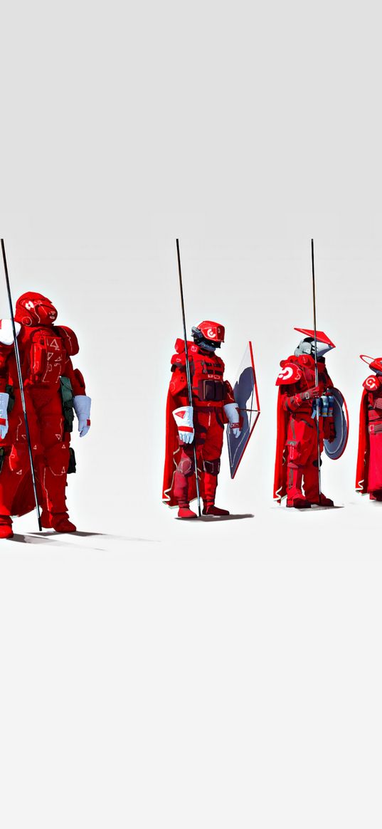 robots, warriors, red, white background, fiction, digital art