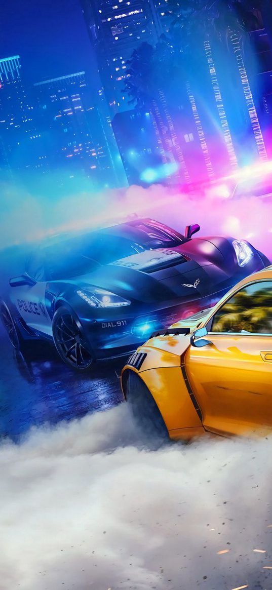 need for speed, nfs, game, sports cars, cars, police, flashing lights