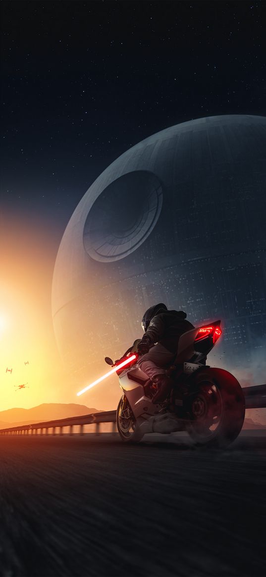 motorcycle, motorcyclist, laser sword, jedi, death star, road