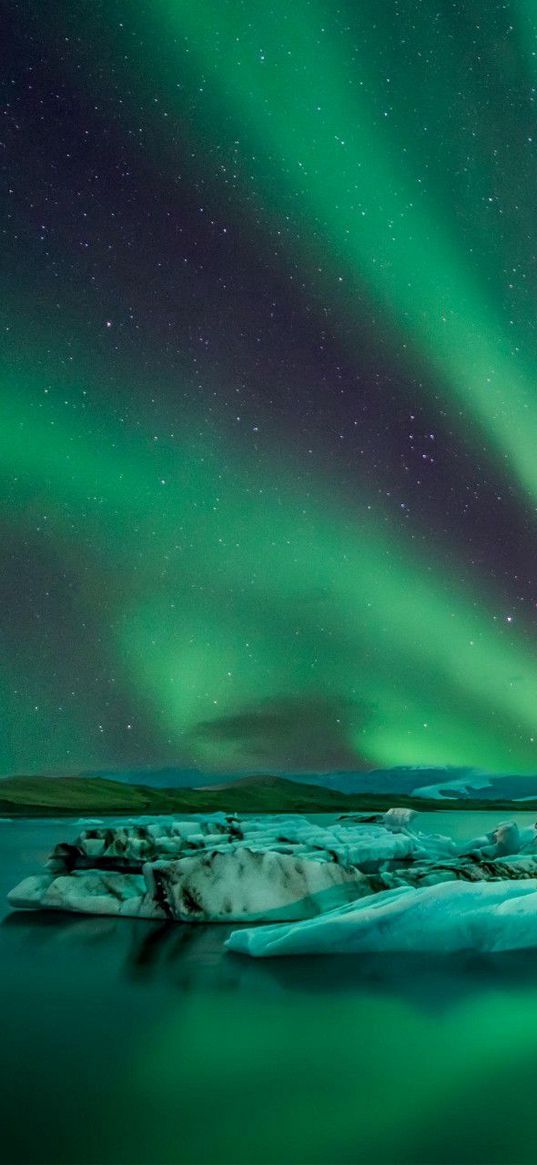 ice floe, ice, lake, northern lights, mountains, stars