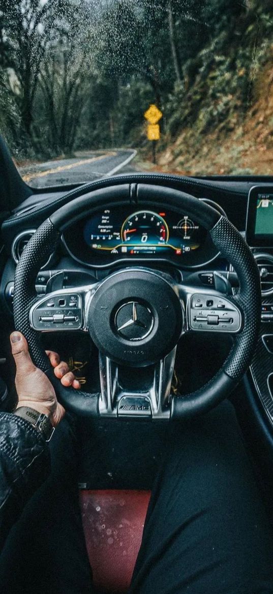 mercedes, auto, steering wheel, interior, road