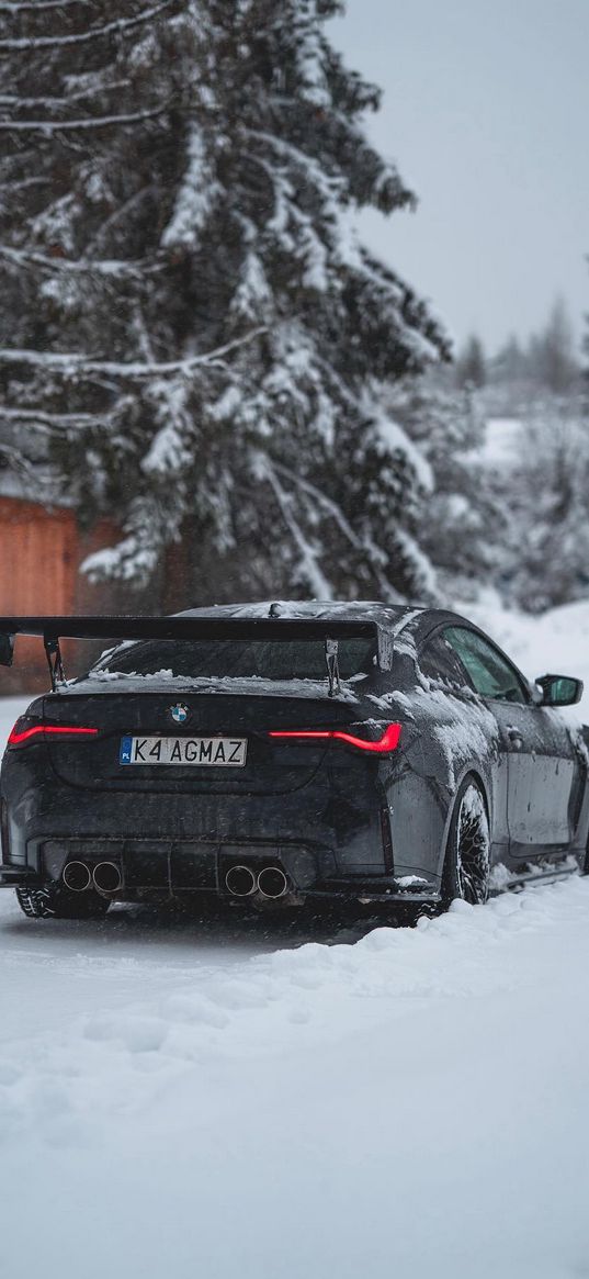 bmw, auto, black auto, rear lights, snow