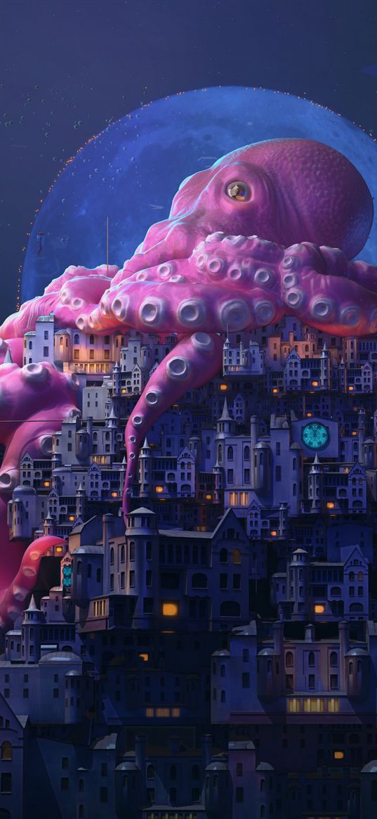 buildings, squid, planet, evening, light, fiction, fantasy, art