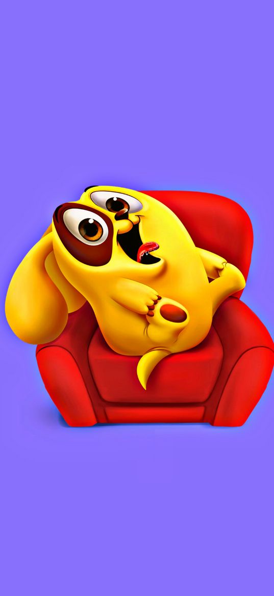 dog, puppy, yellow, armchair, funny, cartoon, purple background, art