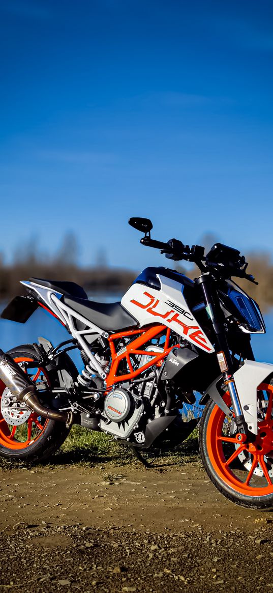 ktm 390 duke, motorcycle, moto, blue sky