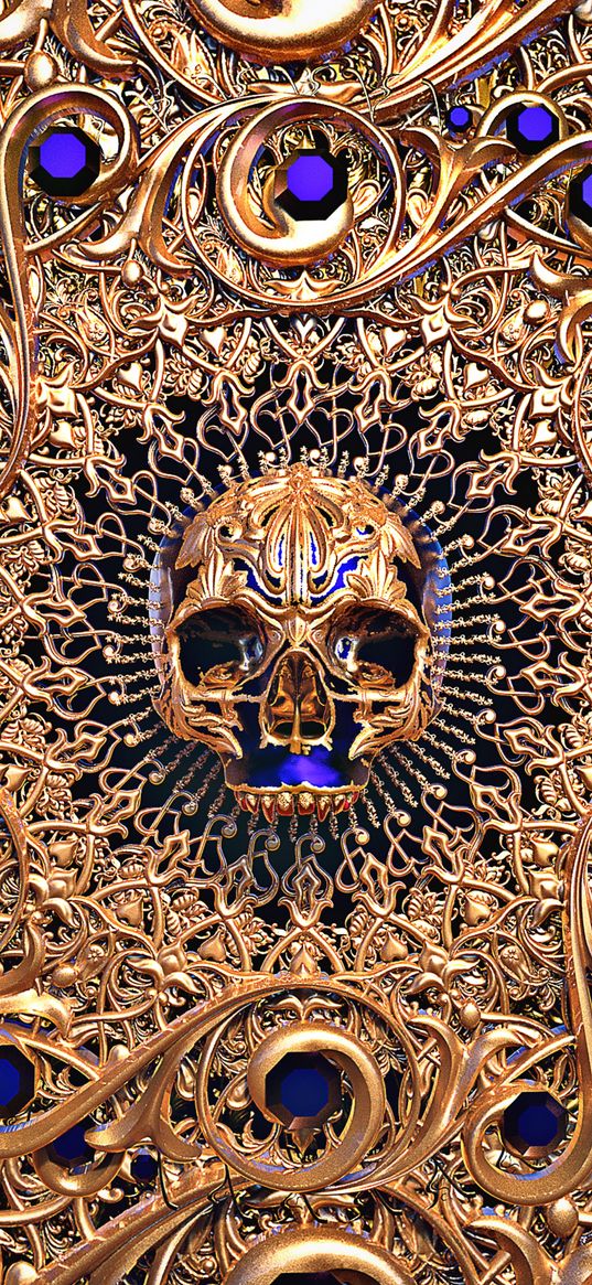 skull, stones, blue, gold, jewels