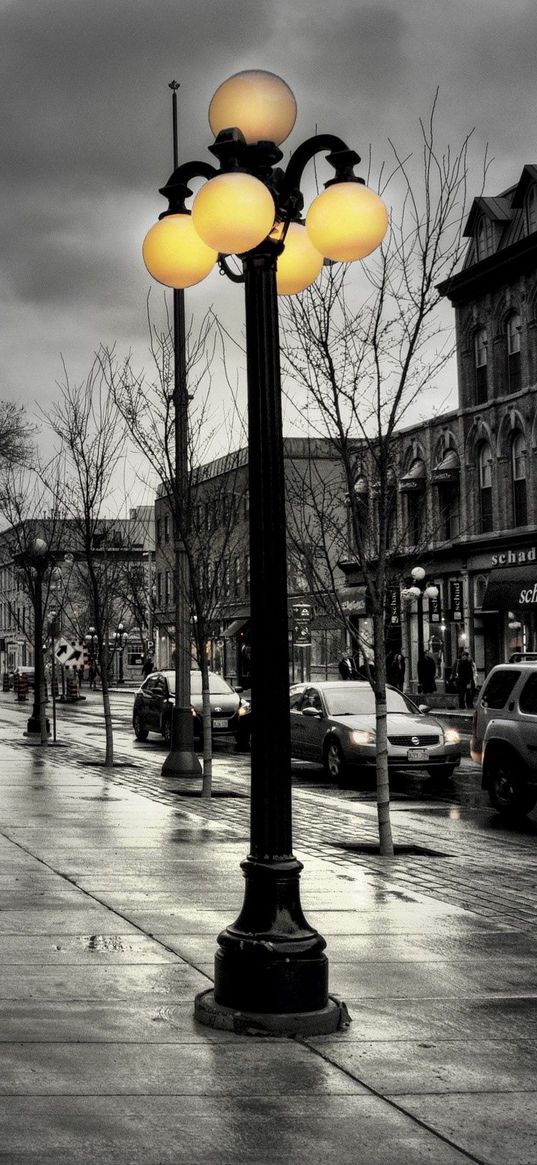 street, city, evening, black white, lights, buildings, hdr