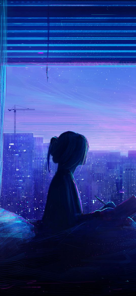 digital art, art, blue, purple, girl, cat, window, night