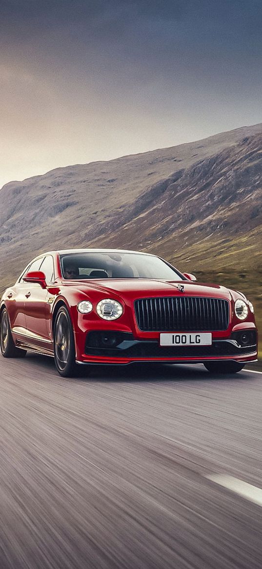 bentley flying spur, bentley, car, red, road, speed