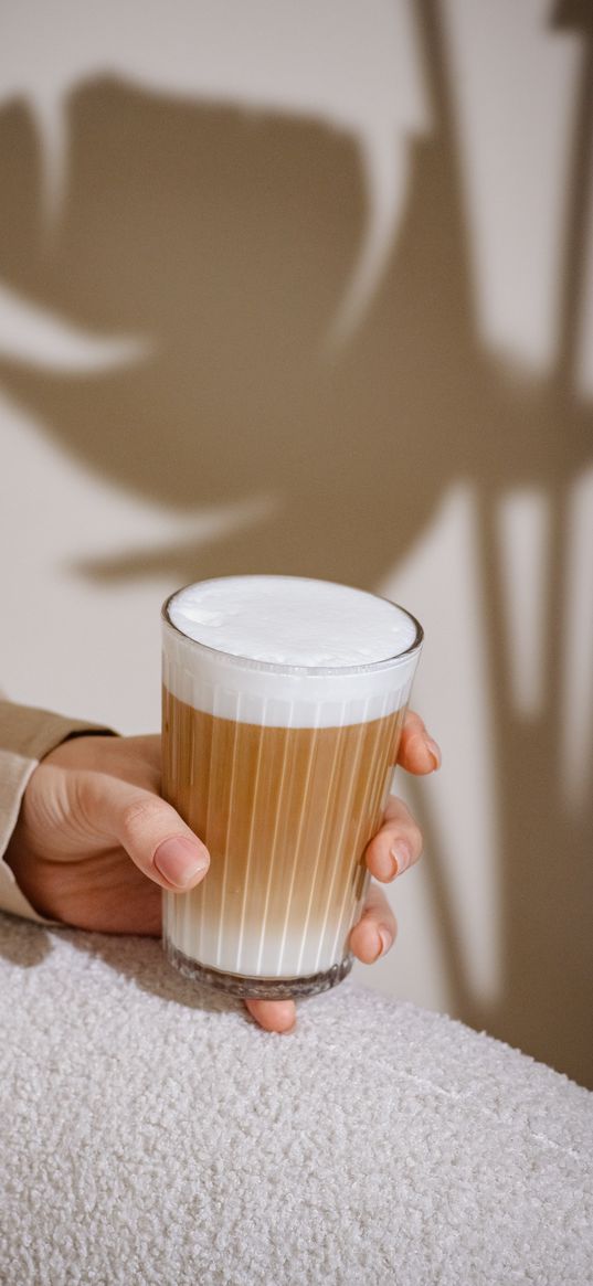 coffee, latte, glass, hand