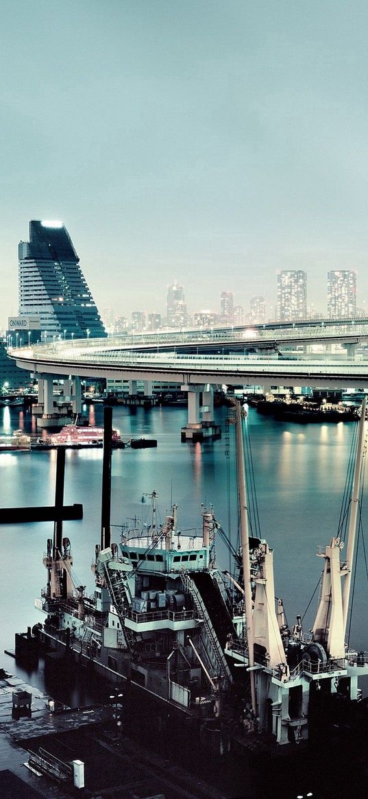 rainbow bridge, tokyo, city, river, skyscraper