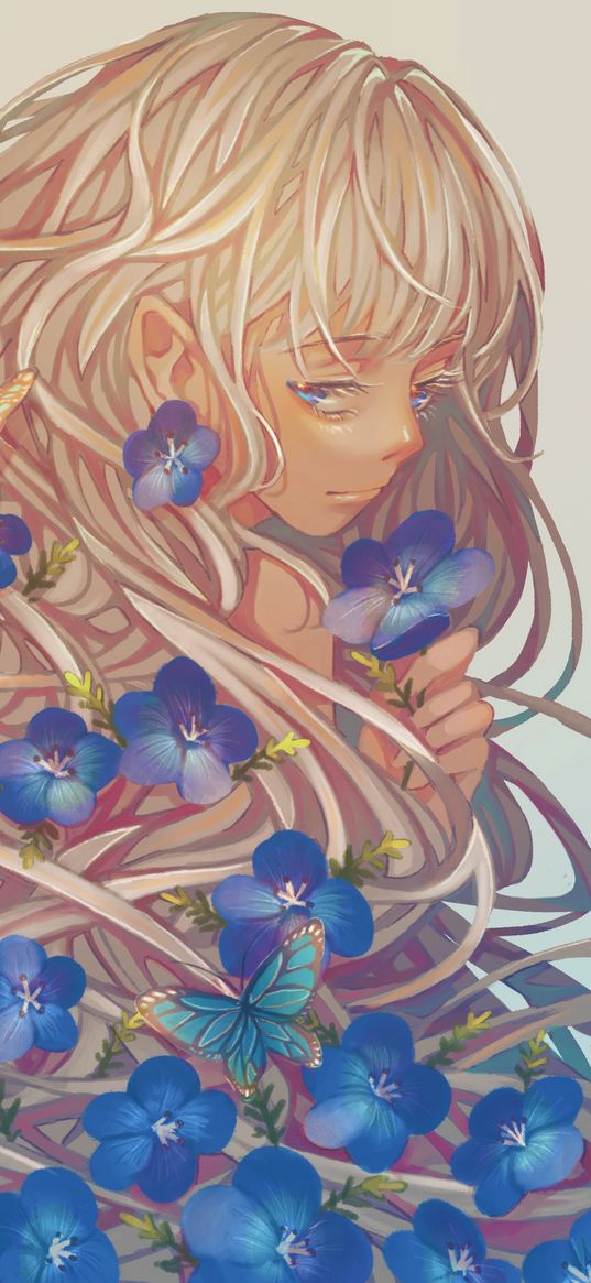 girl, violets, petals, butterfly, anime