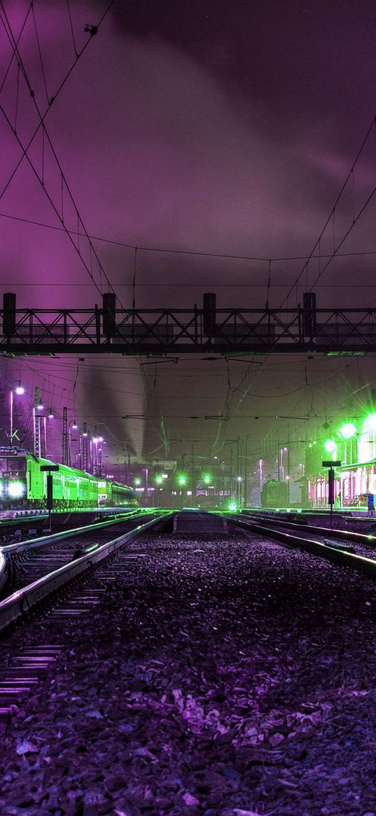 city, lights, purple, railway line, footbridge