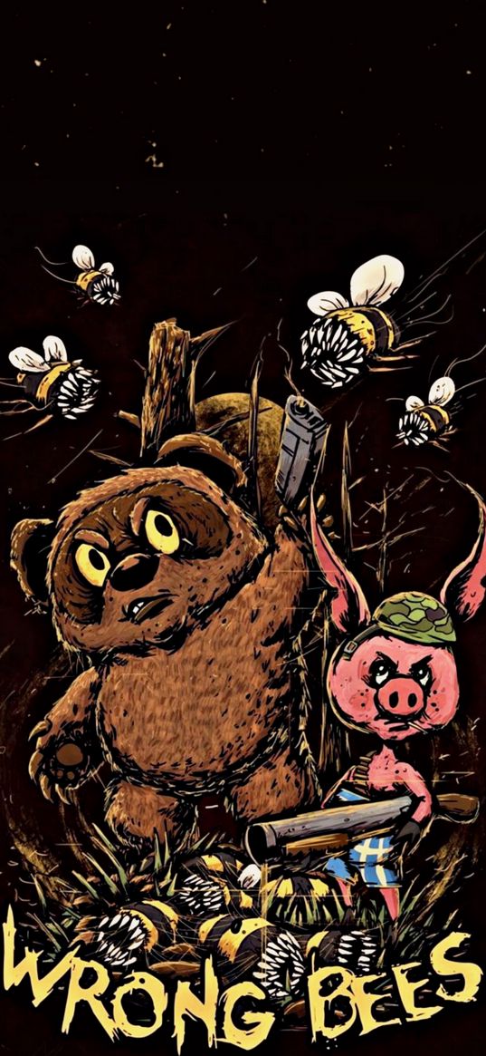 winnie the pooh, piglet, bees, cartoon, digital art